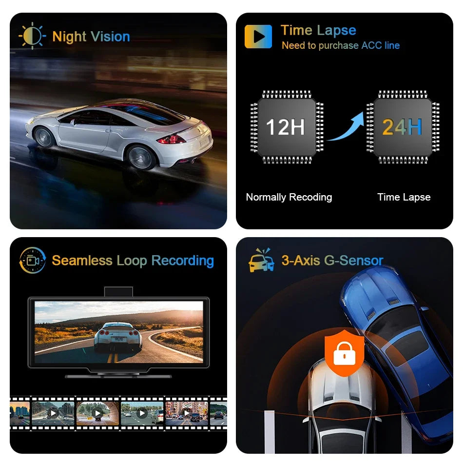 10.26 Inch Universal Portable 4K Dash Cam Wireless Carplay&Android Auto Car DVR GPS Navigation Rearview Camera AUX FM WIFI