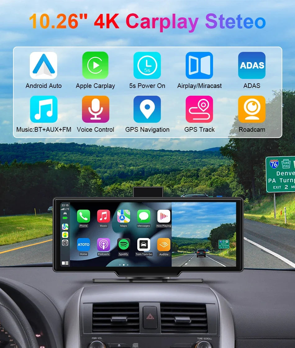10.26 Inch Universal Portable 4K Dash Cam Wireless Carplay&Android Auto Car DVR GPS Navigation Rearview Camera AUX FM WIFI