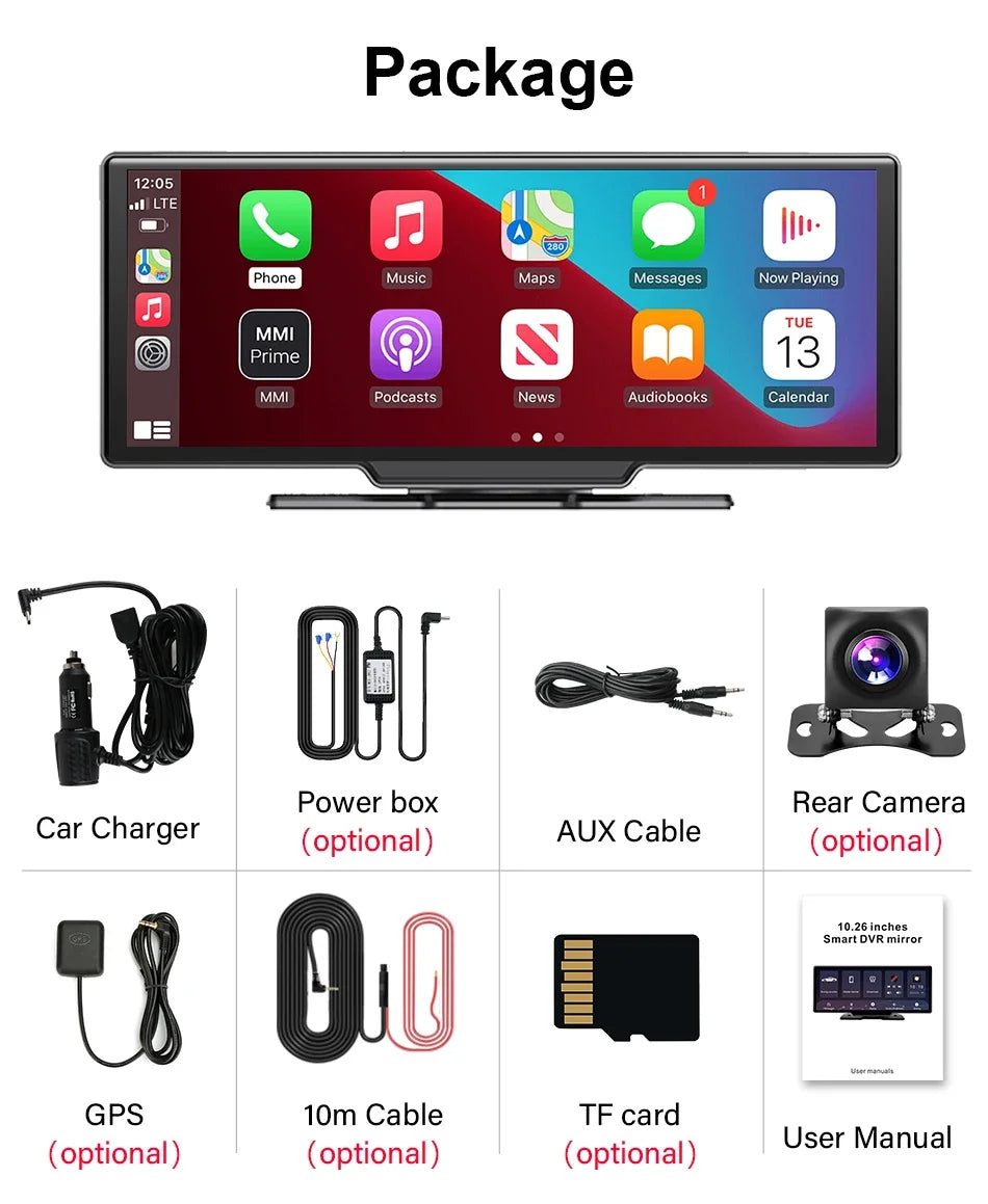 10.26 Inch Universal Portable 4K Dash Cam Wireless Carplay&Android Auto Car DVR GPS Navigation Rearview Camera AUX FM WIFI