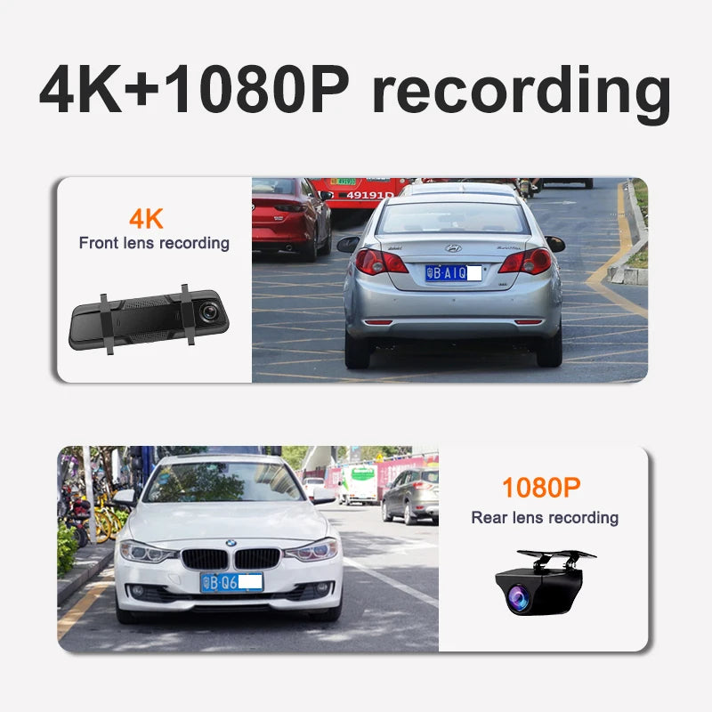 YODHA 10 Inch 4K Mirror Dash Cam Wireless Carplay & Android Auto WIFI GPS Navigation Dual Lens Video Recorder Car Dvr