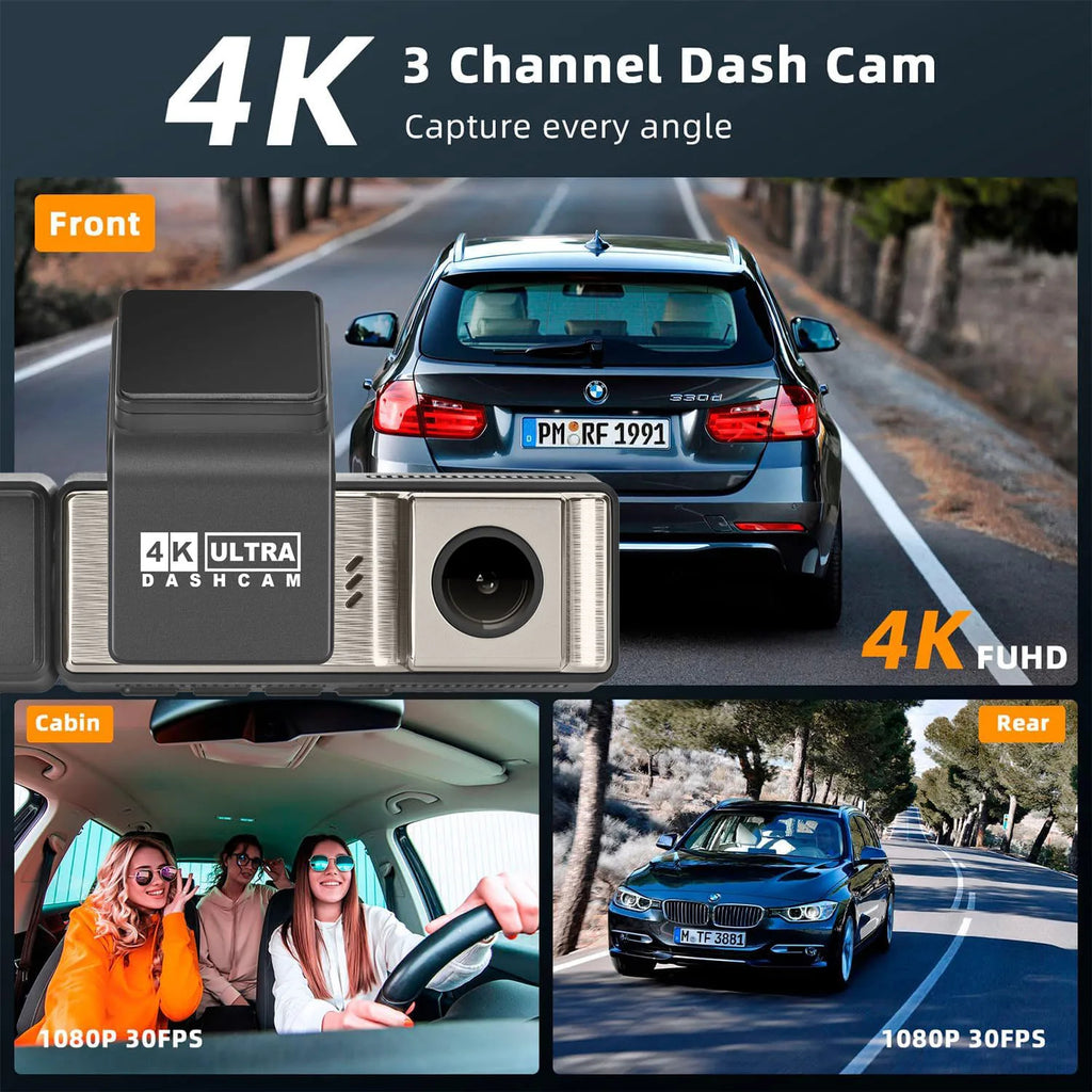 YODHA M8 - 4K+1080P+1080P Wifi G-Sensor Loop Recording ADAS 24 Hour Time Lapse Parking Mode (Hardwire Kit Required)