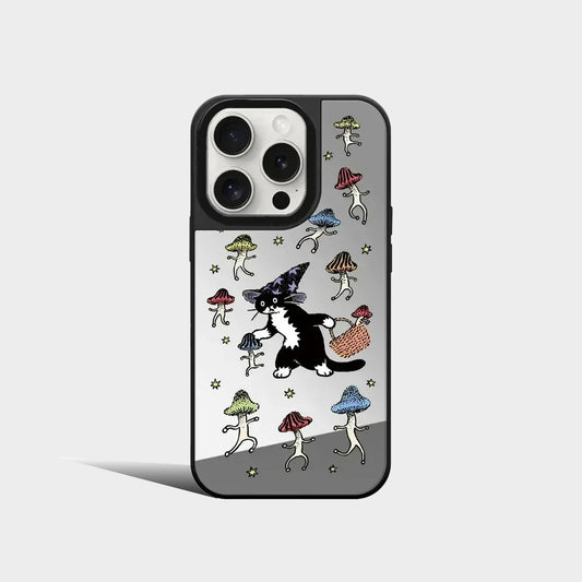 Cartoon Black Cat Strawberry Mirror Magnetic iPhone Case