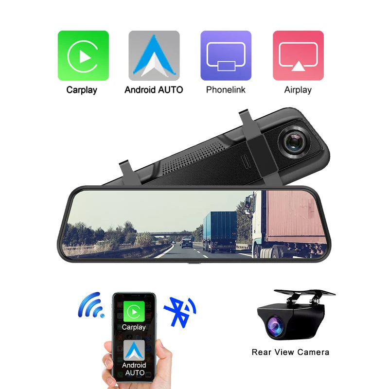 YODHA 10 Inch 4K Mirror Dash Cam Wireless Carplay & Android Auto WIFI GPS Navigation Dual Lens Video Recorder Car Dvr