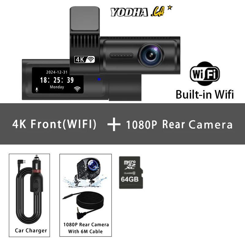 YODHA 2Y - 4K+1080P Dashcam Wifi G-Sensor Loop Recording Night Vision 24 Hour Parking Mode (Hardwire Kit Required)