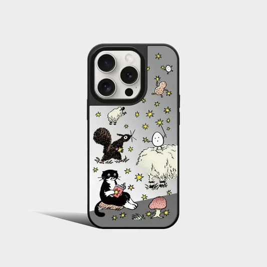 Cartoon Black Cat Strawberry Mirror Magnetic iPhone Case