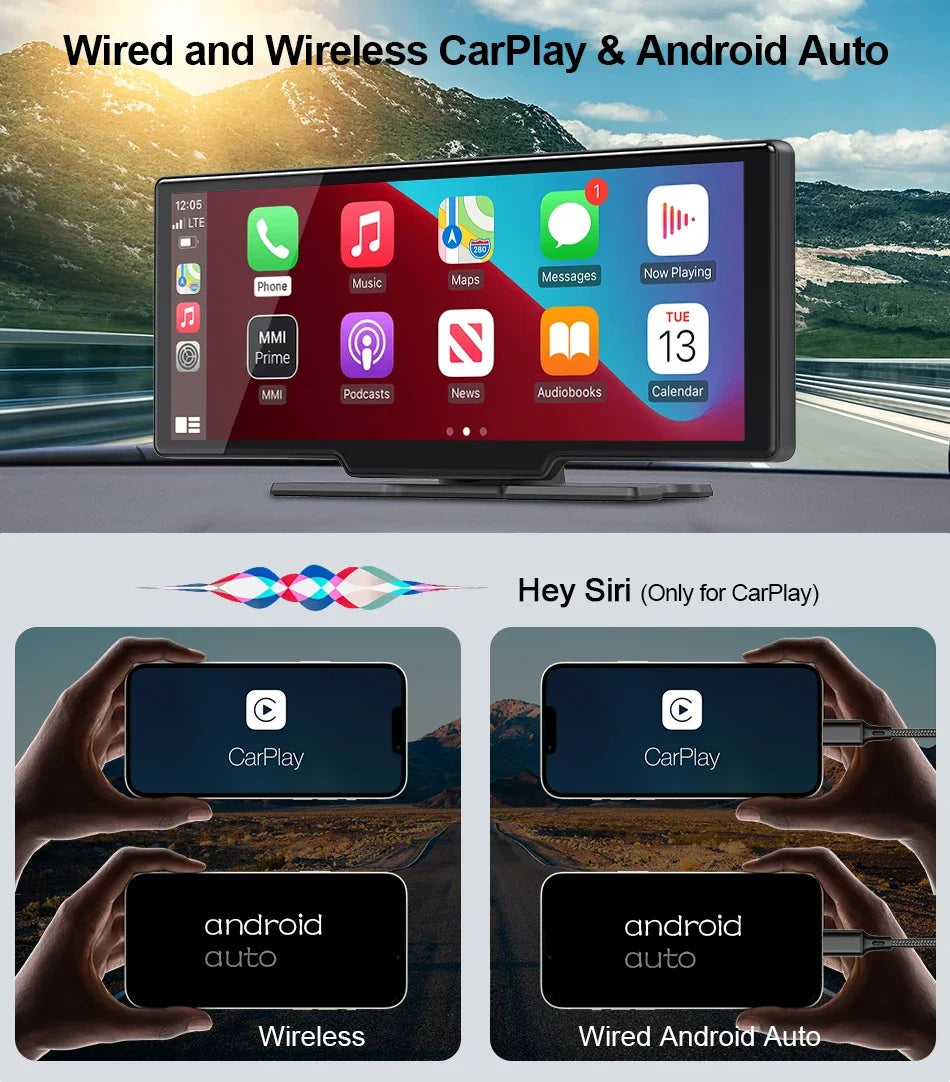 10.26 Inch Universal Portable 4K Dash Cam Wireless Carplay&Android Auto Car DVR GPS Navigation Rearview Camera AUX FM WIFI