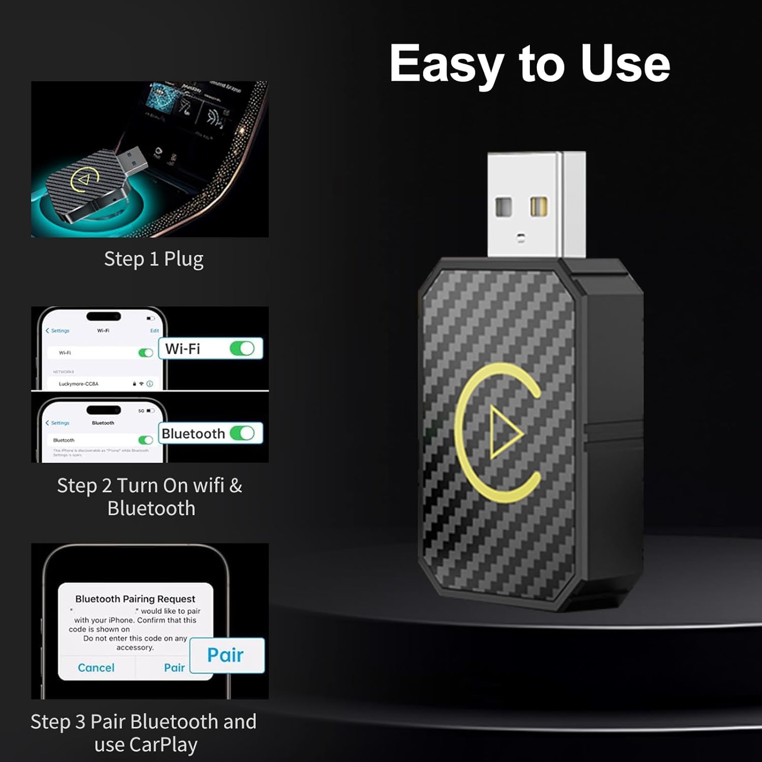 YODHA Wireless CarPlay Adapter for Apple iPhone, No Lag for Convert Wired to Wireless CarPlay Adapter from iOS10+, Mini Size with Extension Cable USB & USB-C/Type-C, Compatible for Cars from 2017