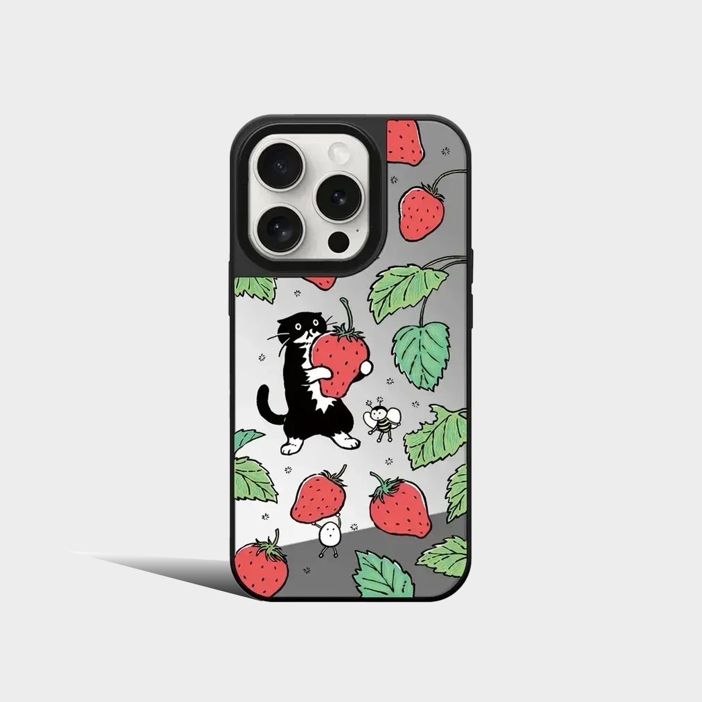 Cartoon Black Cat Strawberry Mirror Magnetic iPhone Case