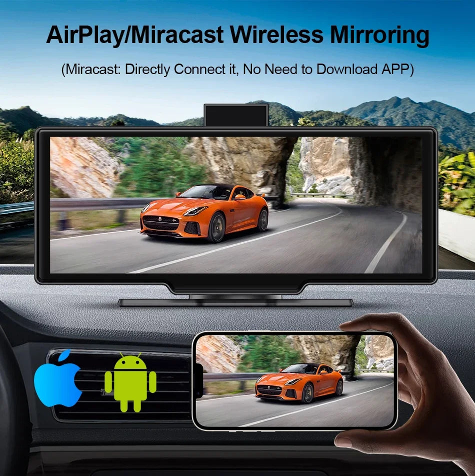 10.26 Inch Universal Portable 4K Dash Cam Wireless Carplay&Android Auto Car DVR GPS Navigation Rearview Camera AUX FM WIFI