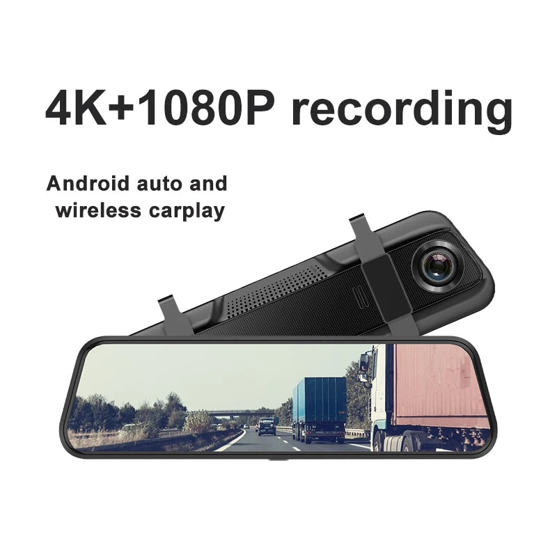 YODHA 10 Inch 4K Mirror Dash Cam Wireless Carplay & Android Auto WIFI GPS Navigation Dual Lens Video Recorder Car Dvr