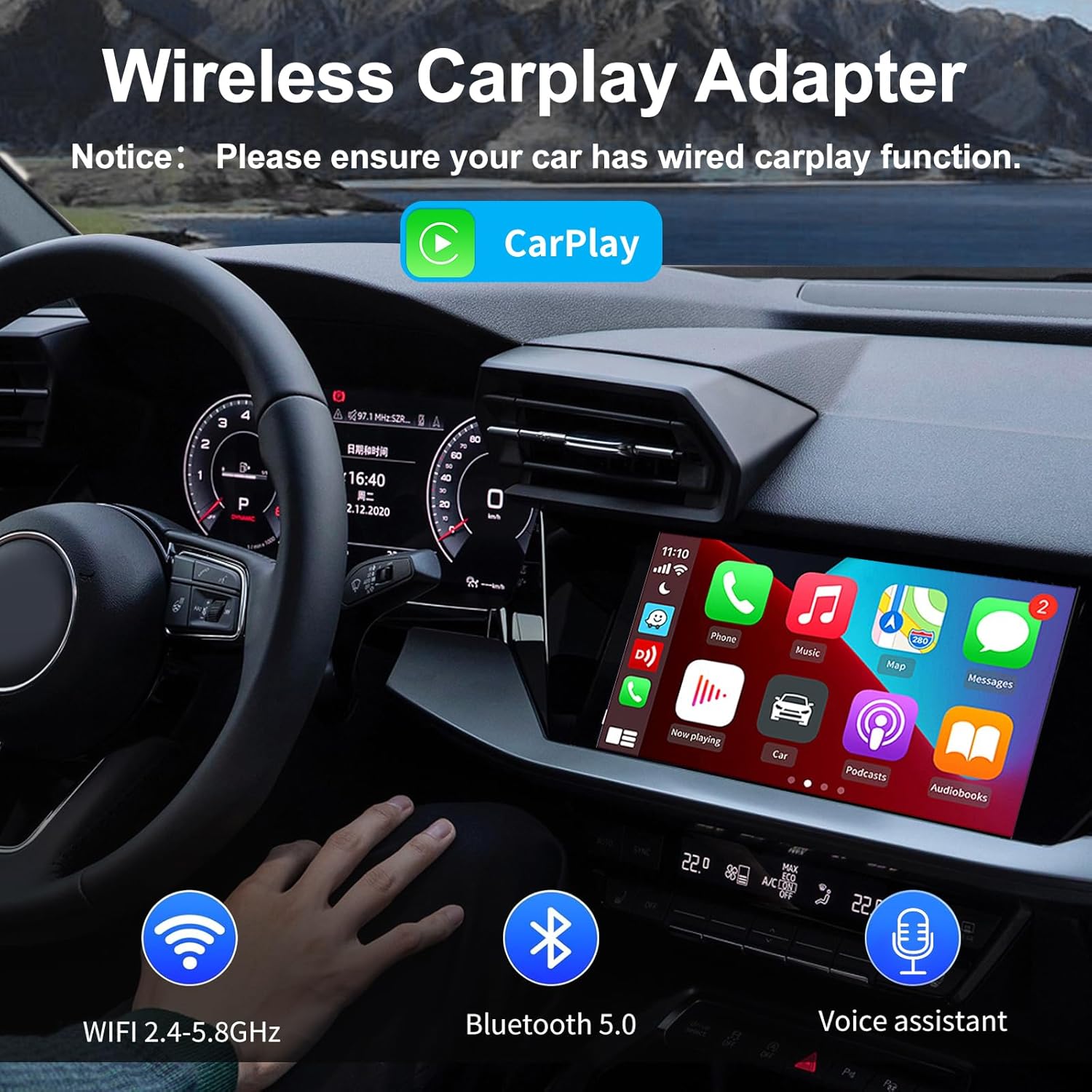 YODHA Wireless CarPlay Adapter for Apple iPhone, No Lag for Convert Wired to Wireless CarPlay Adapter from iOS10+, Mini Size with Extension Cable USB & USB-C/Type-C, Compatible for Cars from 2017