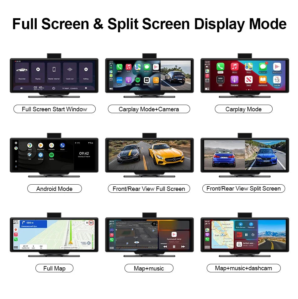 10.26 Inch Universal Portable 4K Dash Cam Wireless Carplay&Android Auto Car DVR GPS Navigation Rearview Camera AUX FM WIFI