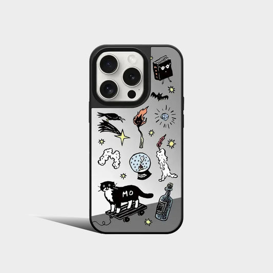 Cartoon Black Cat Strawberry Mirror Magnetic iPhone Case