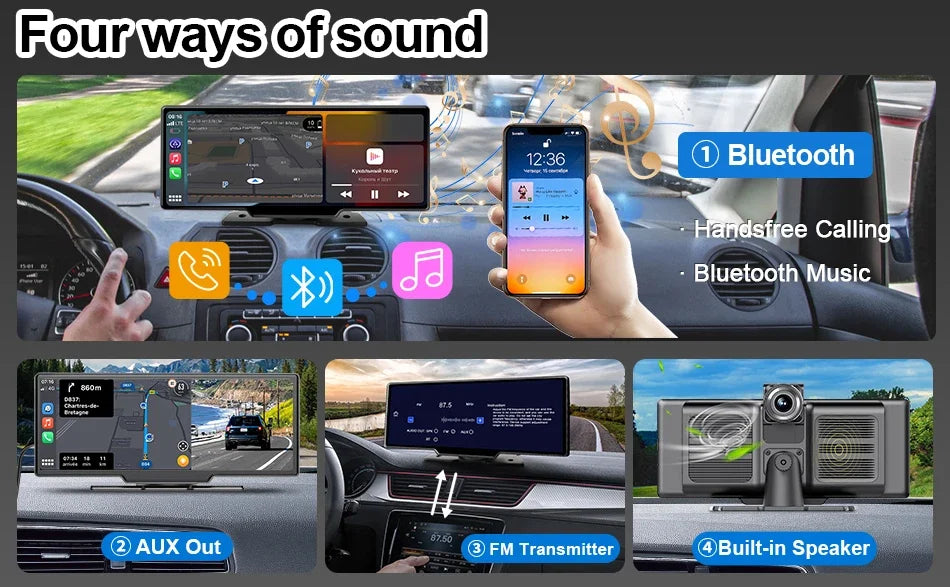 10.26 Inch Universal Portable 4K Dash Cam Wireless Carplay&Android Auto Car DVR GPS Navigation Rearview Camera AUX FM WIFI