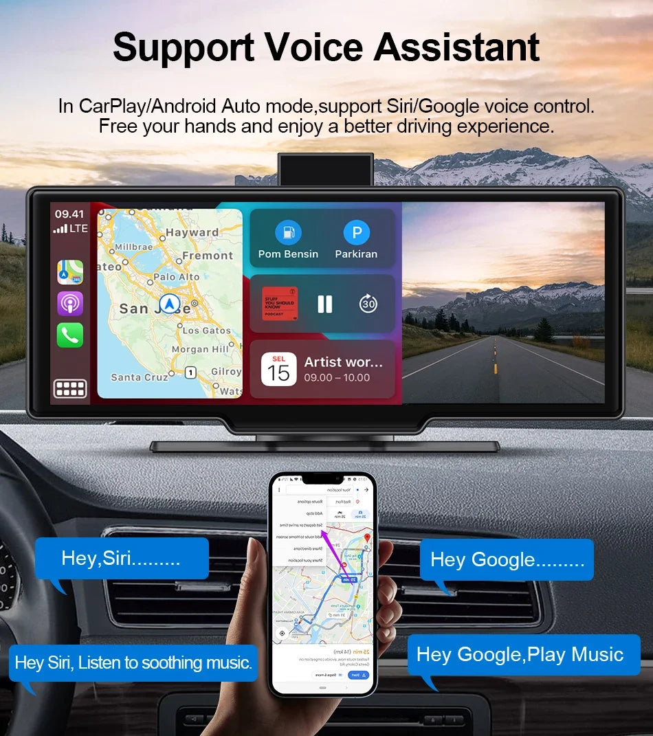 10.26 Inch Universal Portable 4K Dash Cam Wireless Carplay&Android Auto Car DVR GPS Navigation Rearview Camera AUX FM WIFI