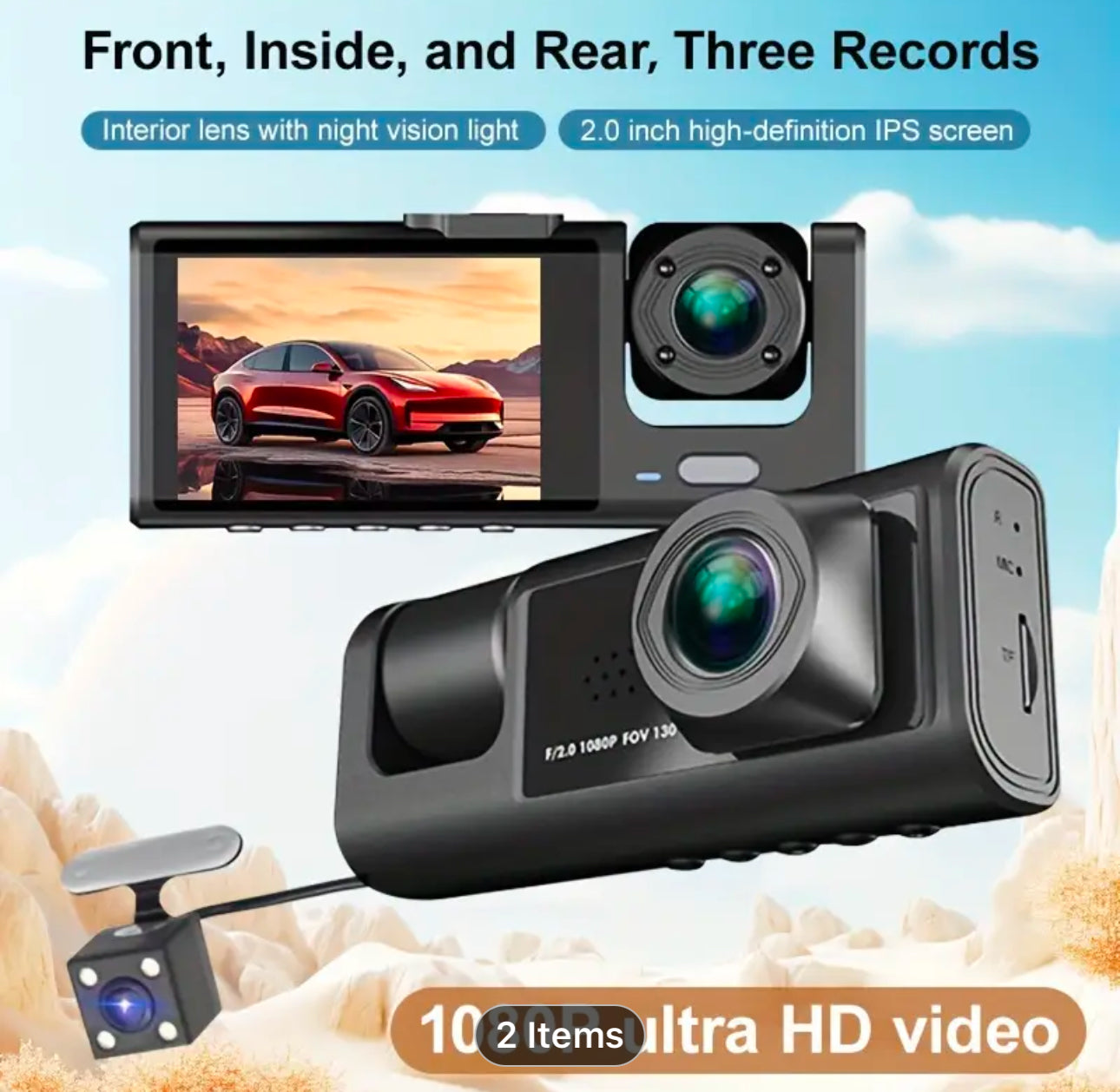 YODHA 3Y - Dash Cam WIFI IR Night Vision Loop Recording & 2" IPS Screen 1080P 3 Camera