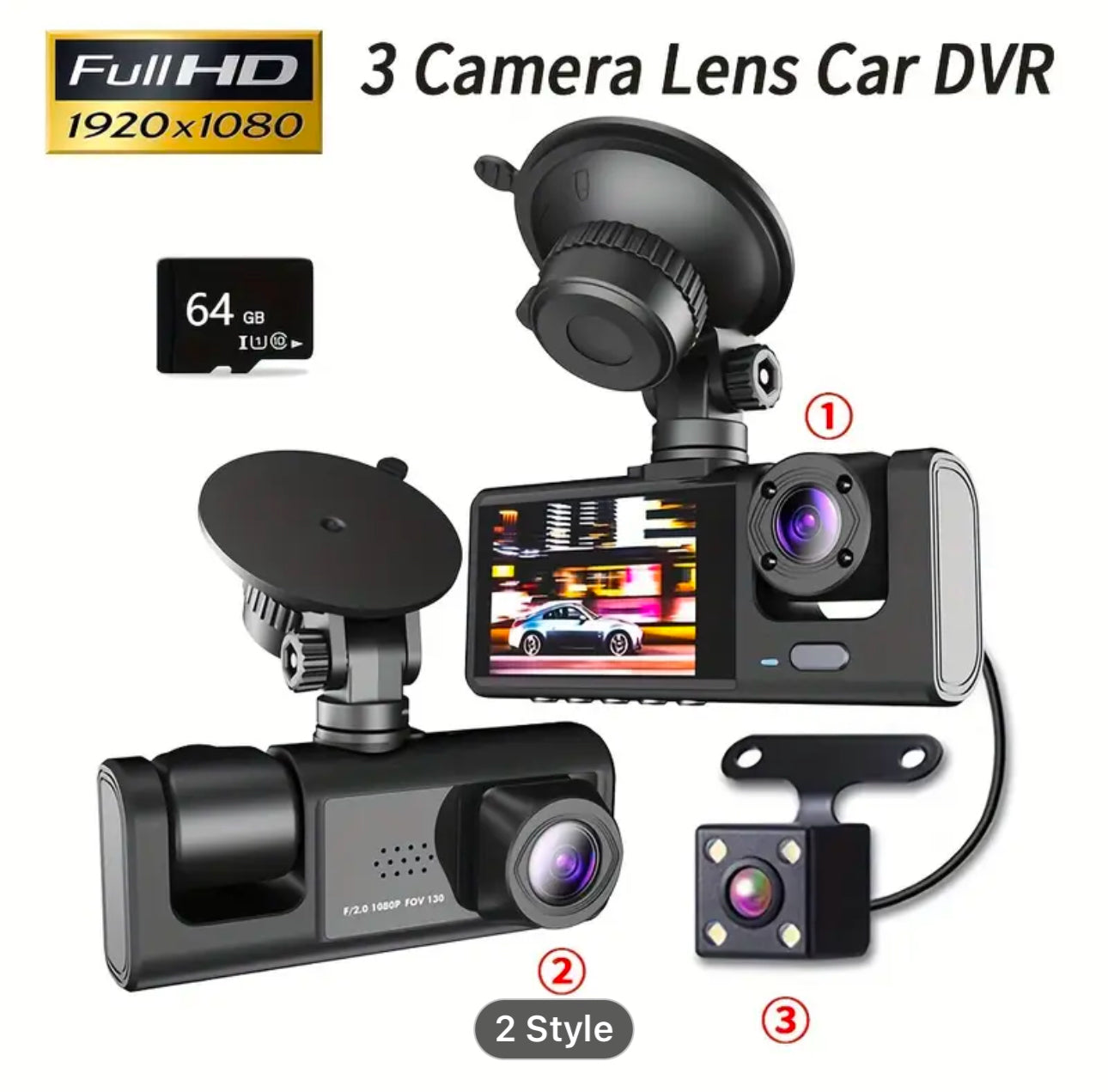 YODHA 3Y - Dash Cam WIFI IR Night Vision Loop Recording & 2" IPS Screen 1080P 3 Camera
