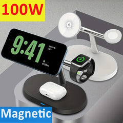 100W Magnetic Wireless Charger Stand For iPhone 15 14 13 Pro Max Apple Watch 8 7 6 Airpods 3 In 1 Magsafe Fast Charging Station