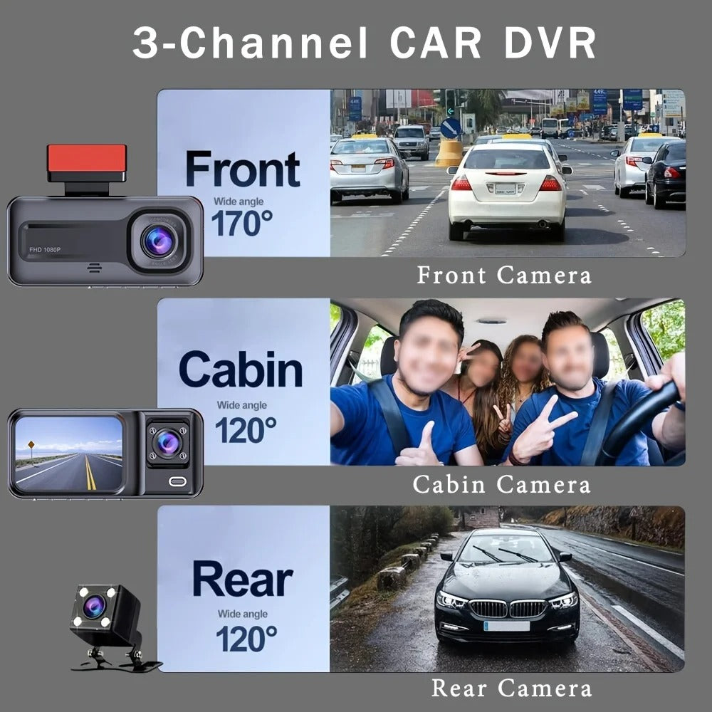 3 Channel Dash Cam 32/64 GB Micro SD Card for Cars Camera 1080P Video Recorder Rear View Camera for Vehicle Car/Van/Uber/Taxi/Lyft