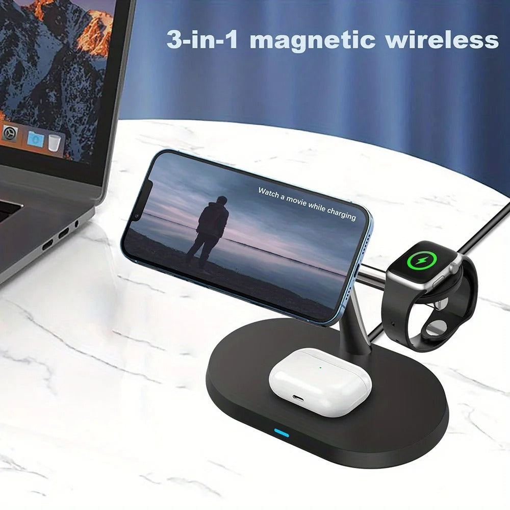 100W Magnetic Wireless Charger Stand For iPhone 15 14 13 Pro Max Apple Watch 8 7 6 Airpods 3 In 1 Magsafe Fast Charging Station