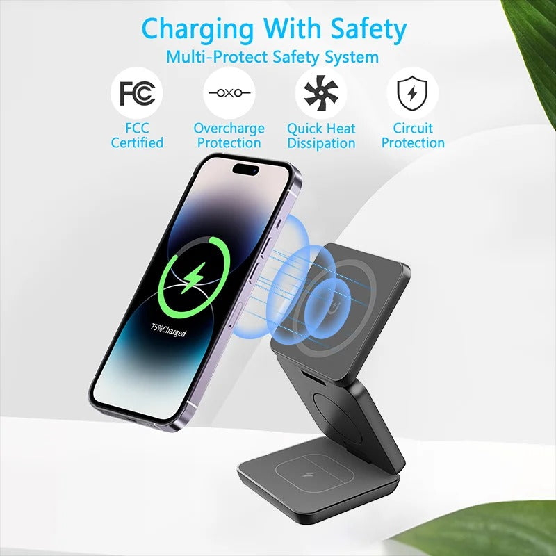 3 in 1 Foldable 30W Magnetic Wireless Charger Stand Macsafe for iPhone 15 14 13 Apple Watch 8 7 6 Airpods Fast Charging Station