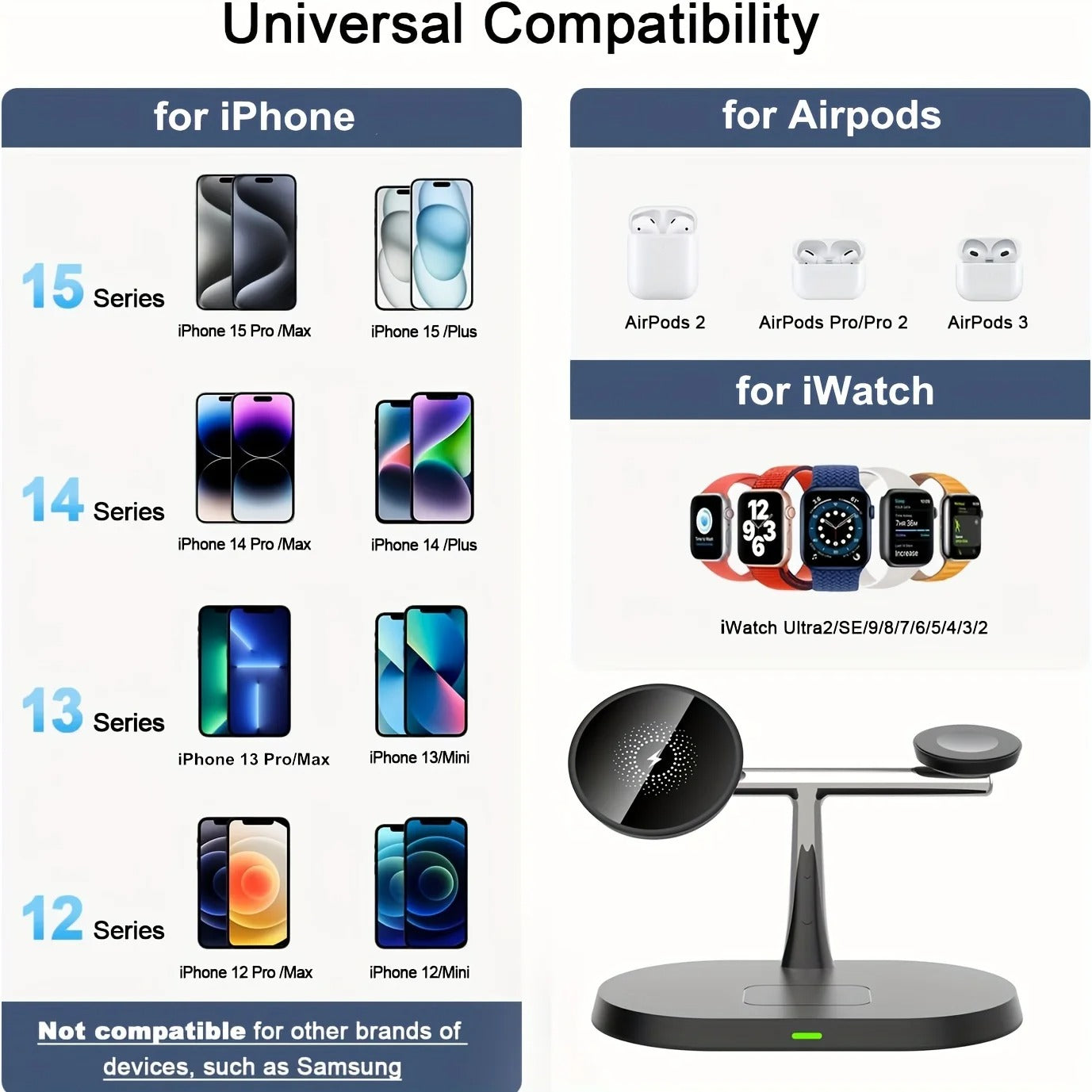 100W Magnetic Wireless Charger Stand For iPhone 15 14 13 Pro Max Apple Watch 8 7 6 Airpods 3 In 1 Magsafe Fast Charging Station