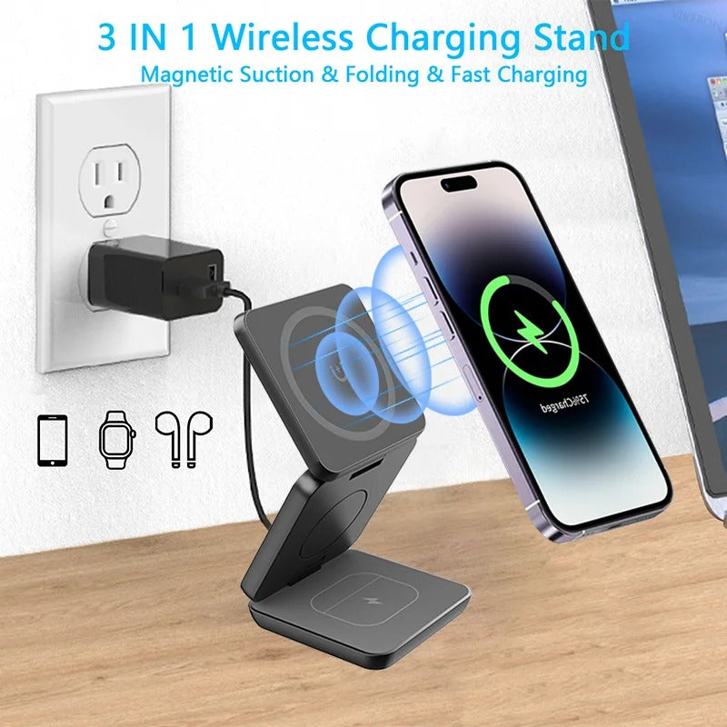 3 in 1 Foldable 30W Magnetic Wireless Charger Stand Macsafe for iPhone 15 14 13 Apple Watch 8 7 6 Airpods Fast Charging Station