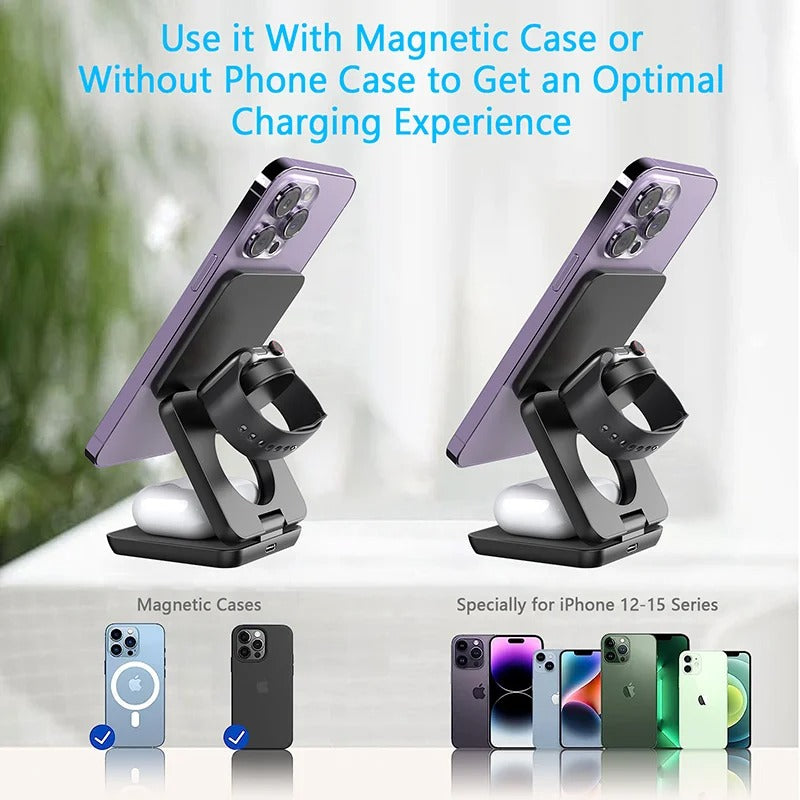 3 in 1 Foldable 30W Magnetic Wireless Charger Stand Macsafe for iPhone 15 14 13 Apple Watch 8 7 6 Airpods Fast Charging Station