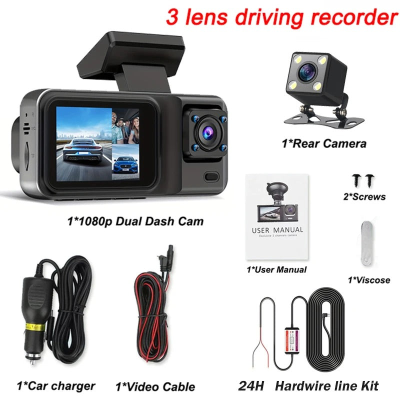 3 Channel Dash Cam 32/64 GB Micro SD Card for Cars Camera 1080P Video Recorder Rear View Camera for Vehicle Car/Van/Uber/Taxi/Lyft