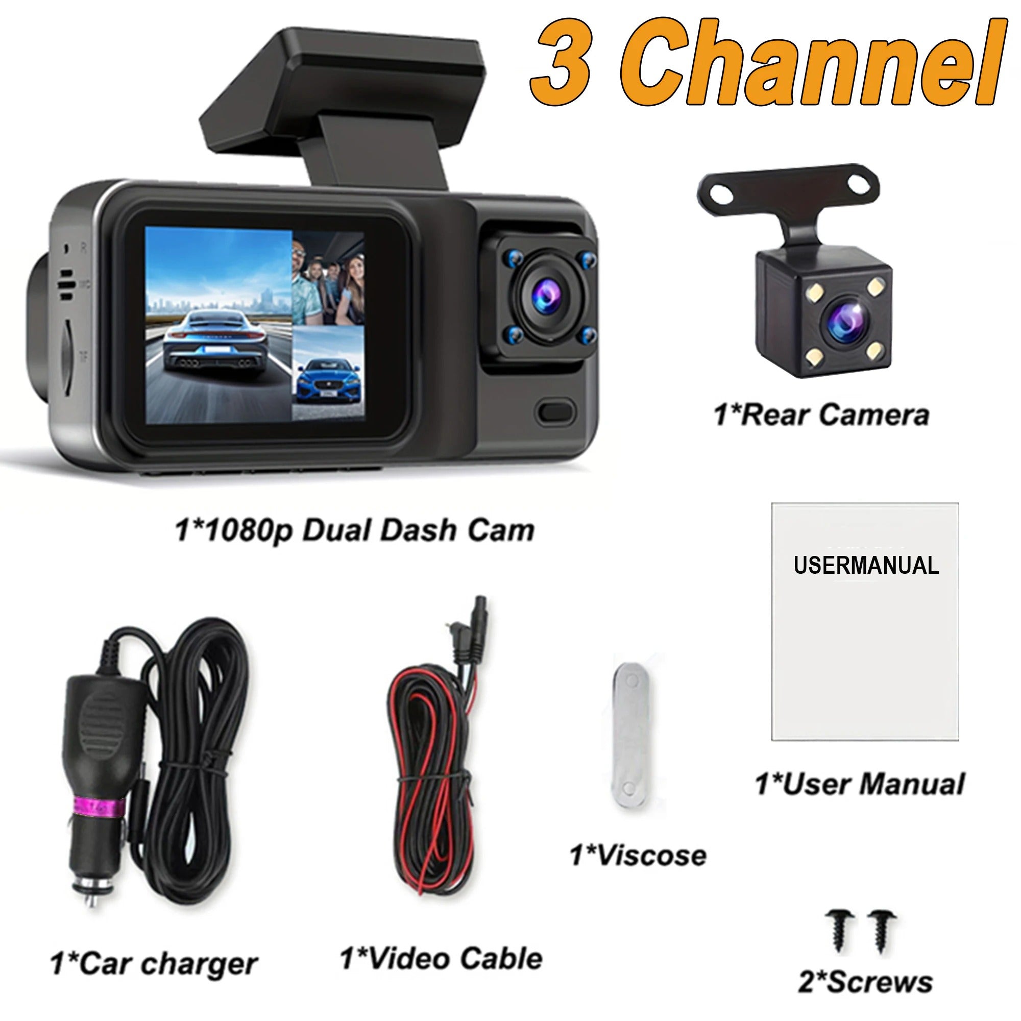 3 Channel Dash Cam 32/64 GB Micro SD Card for Cars Camera 1080P Video Recorder Rear View Camera for Vehicle Car/Van/Uber/Taxi/Lyft